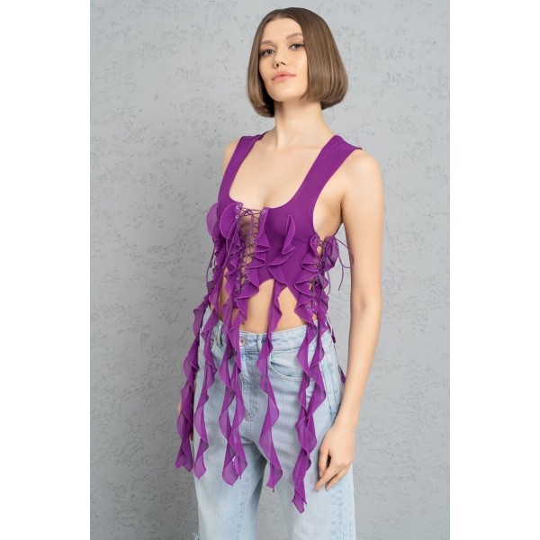 MAGENTA KUŞGÖZÜ DETAYLI SAÇAKLI TÜL BÜSTİYER MAGENTA KUŞGÖZÜ DETAYLI SAÇAKLI TÜL BÜSTİYER