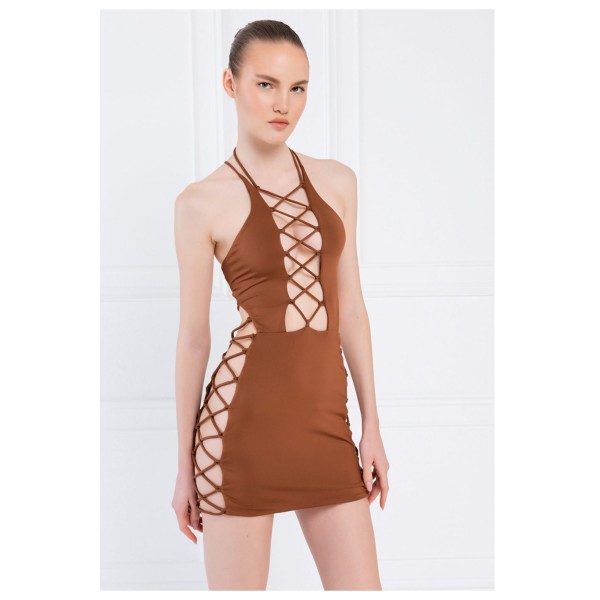 Taba Çapraz Bağlamalı Mini Dekolte Dress Taba Çapraz Bağlamalı Mini Dekolte Dress