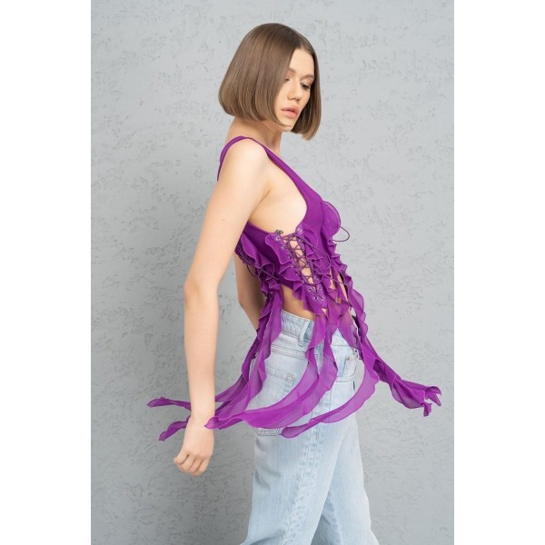 MAGENTA KUŞGÖZÜ DETAYLI SAÇAKLI TÜL BÜSTİYER