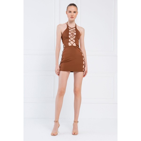 Taba Çapraz Bağlamalı Mini Dekolte Dress Taba Çapraz Bağlamalı Mini Dekolte Dress