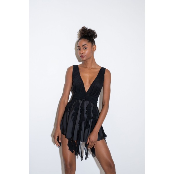 Siyah V Yaka Kolsuz Fırfırlı Elbise