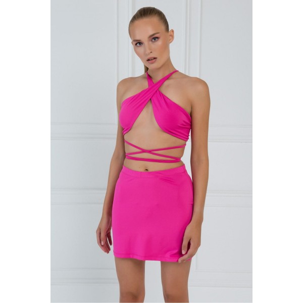 Pembe Farklı Bağlamalı Büstiyer Etek Takım Pembe Farklı Bağlamalı Büstiyer Etek Takım