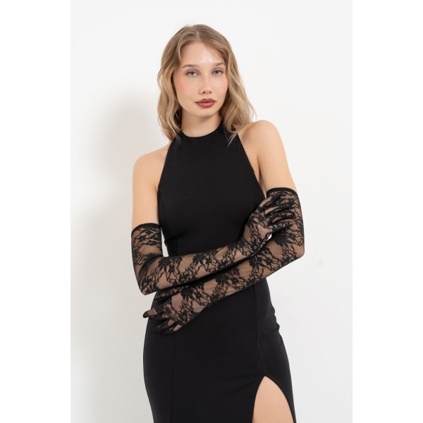 SIRT GÖĞÜS DEKOLTELİ ELDİVENLİ BOĞAZLI ELBİSE